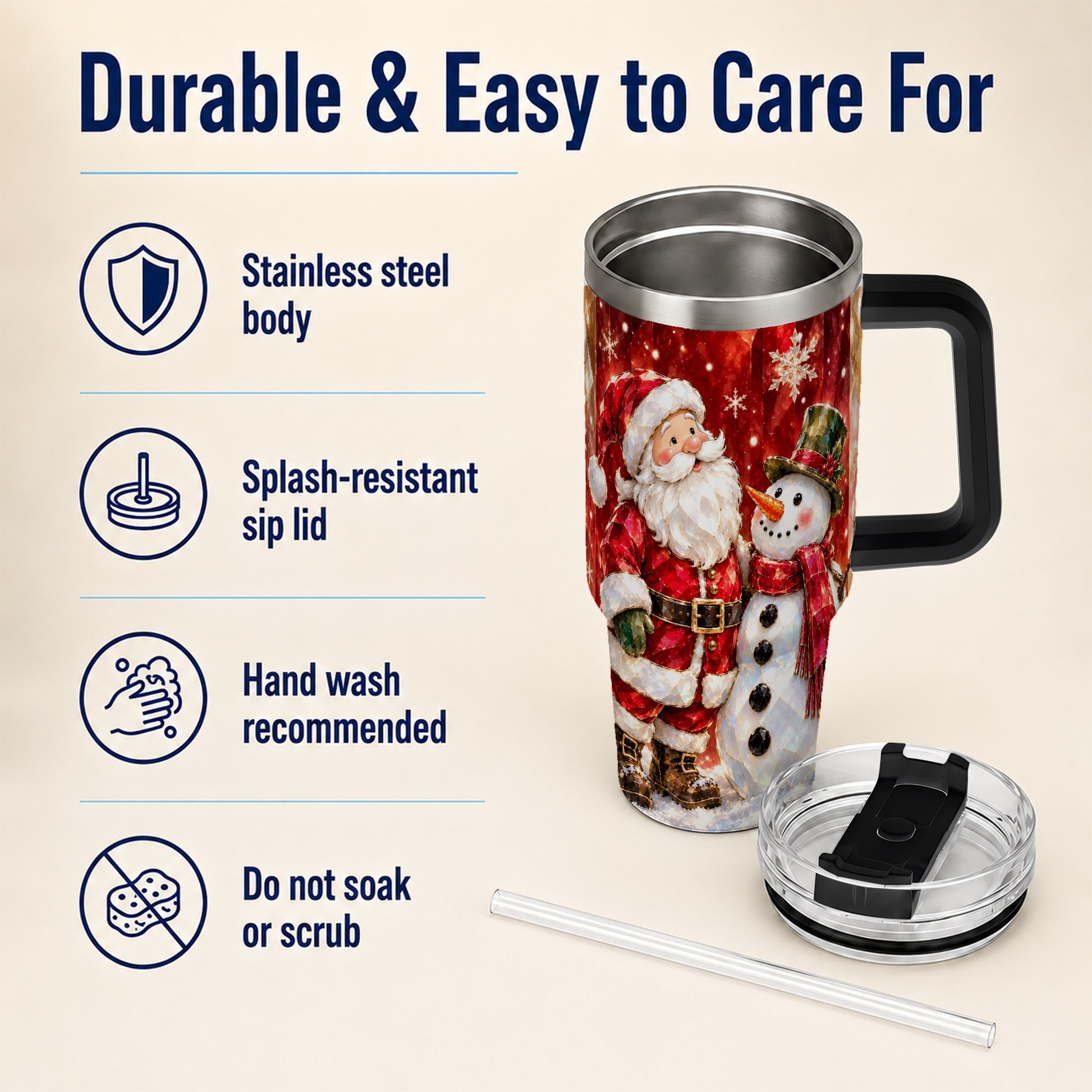 #pl[40oz|Black] Santa and Snowman 40oz Tumbler with Handle, Christmas Holiday Travel Cup