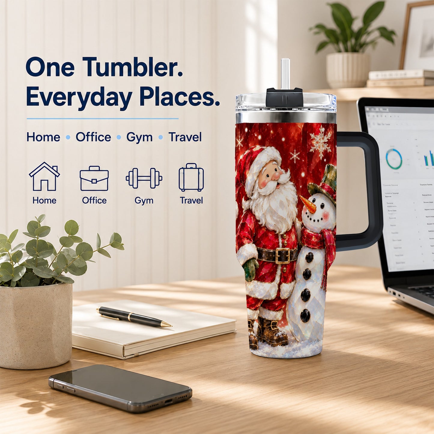 #pl[40oz|Black] Santa and Snowman 40oz Tumbler with Handle, Christmas Holiday Travel Cup
