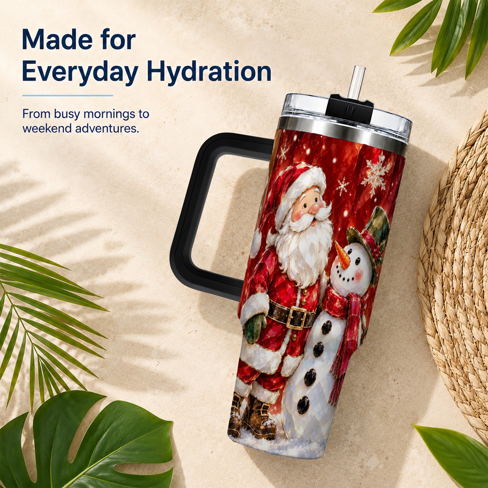 #pl[40oz|Black] Santa and Snowman 40oz Tumbler with Handle, Christmas Holiday Travel Cup