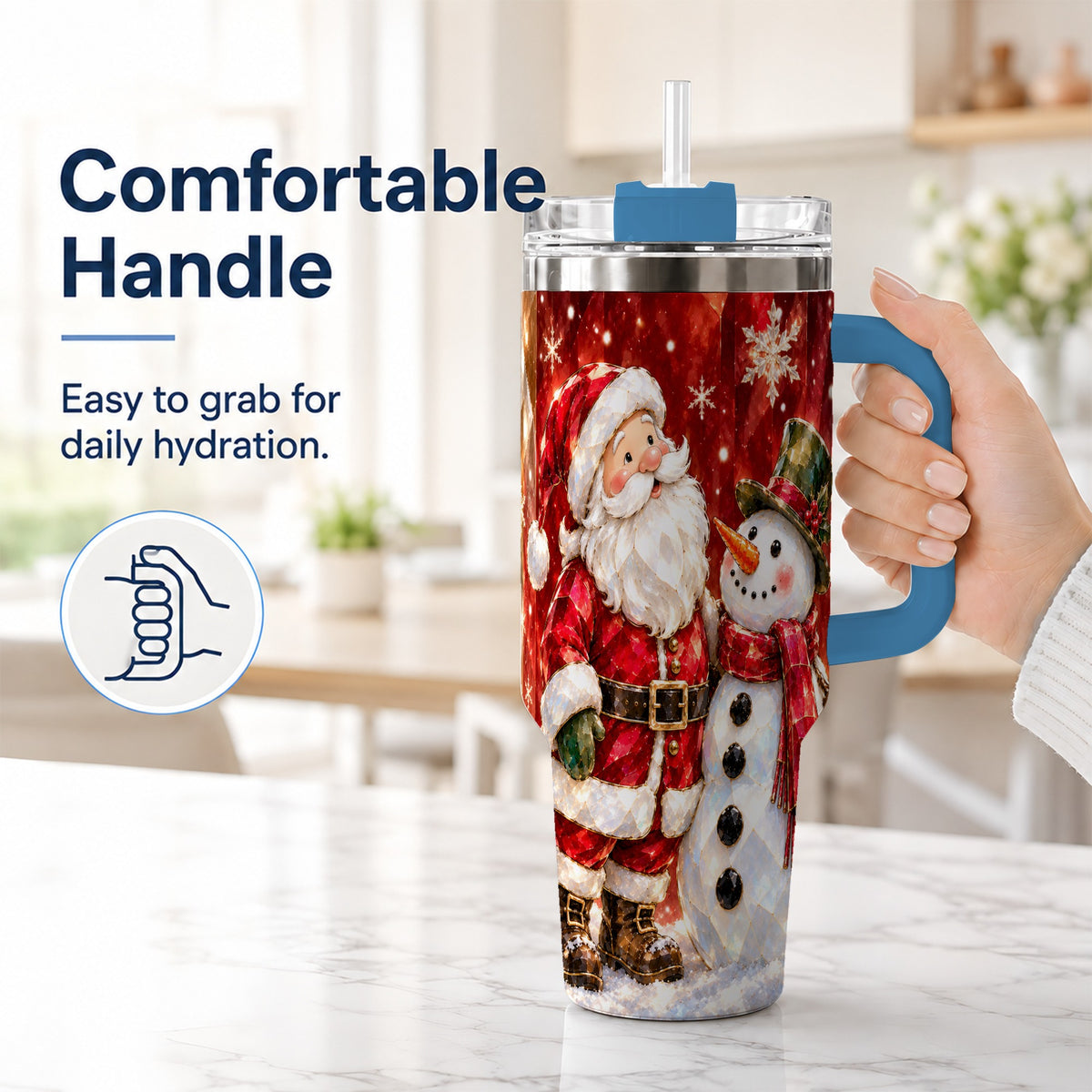 #pl[40oz|Blue] Santa and Snowman 40oz Tumbler with Handle, Christmas Holiday Travel Cup