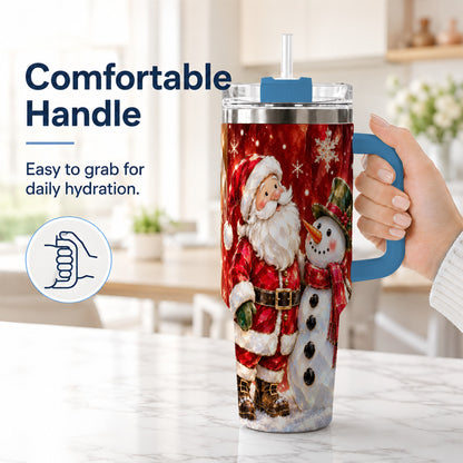 #pl[40oz|Blue] Santa and Snowman 40oz Tumbler with Handle, Christmas Holiday Travel Cup