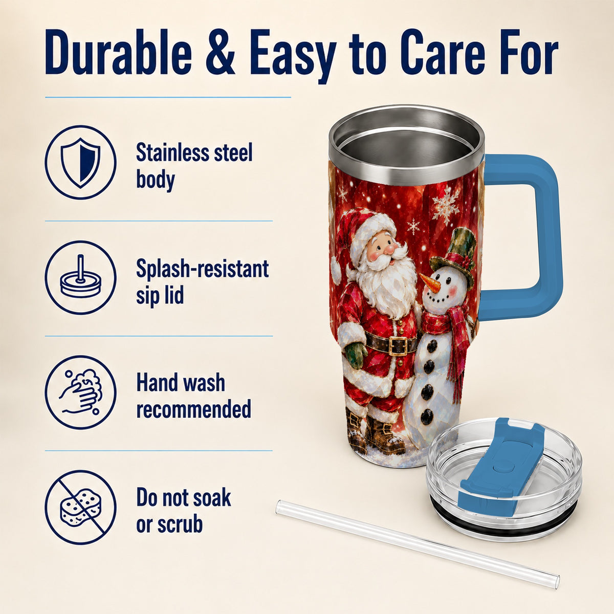 #pl[40oz|Blue] Santa and Snowman 40oz Tumbler with Handle, Christmas Holiday Travel Cup