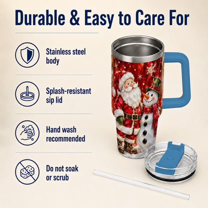 #pl[40oz|Blue] Santa and Snowman 40oz Tumbler with Handle, Christmas Holiday Travel Cup