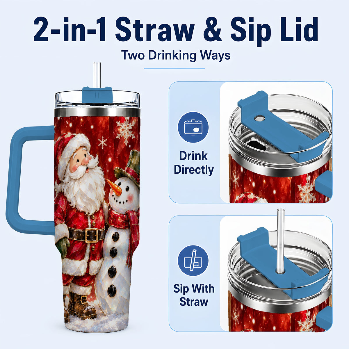#pl[40oz|Blue] Santa and Snowman 40oz Tumbler with Handle, Christmas Holiday Travel Cup