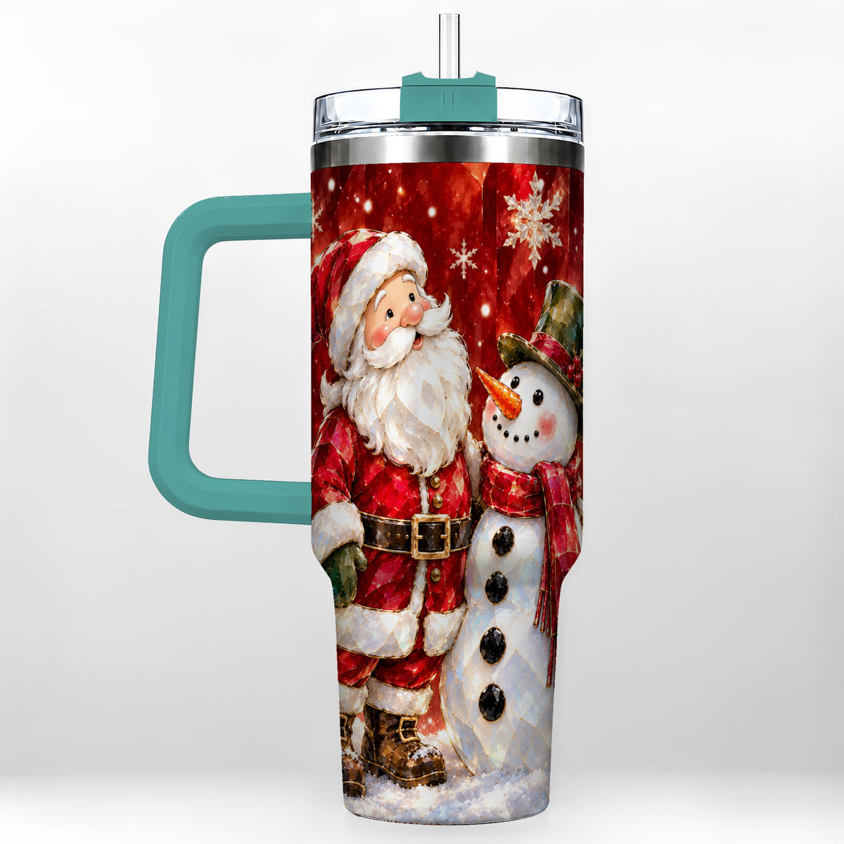 #pl[40oz|Green] Santa and Snowman 40oz Tumbler with Handle, Christmas Holiday Travel Cup