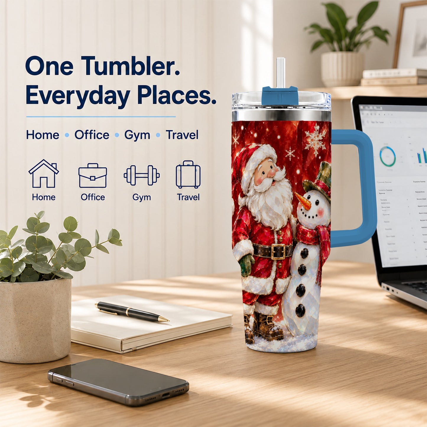 #pl[40oz|Blue] Santa and Snowman 40oz Tumbler with Handle, Christmas Holiday Travel Cup