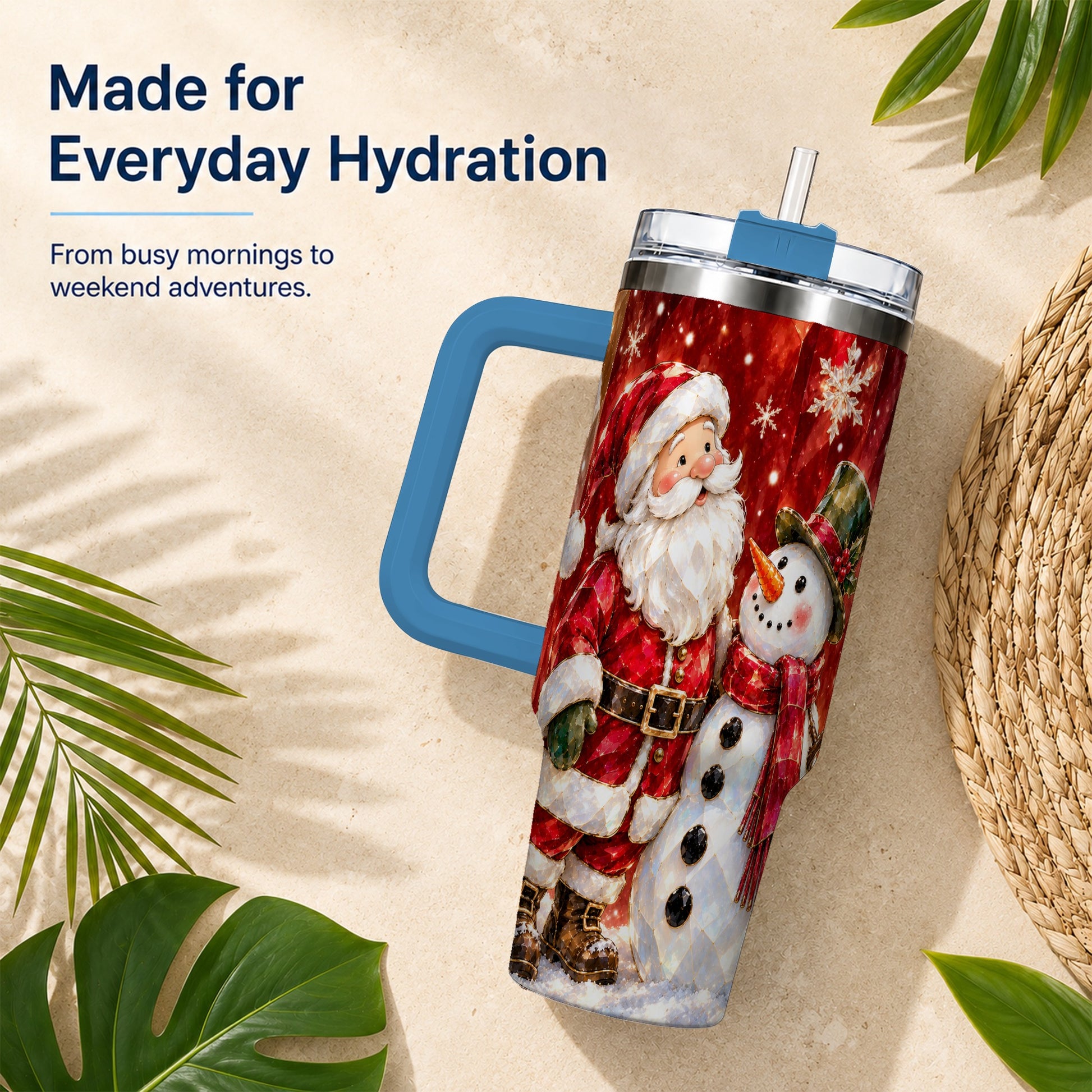 #pl[40oz|Blue] Santa and Snowman 40oz Tumbler with Handle, Christmas Holiday Travel Cup