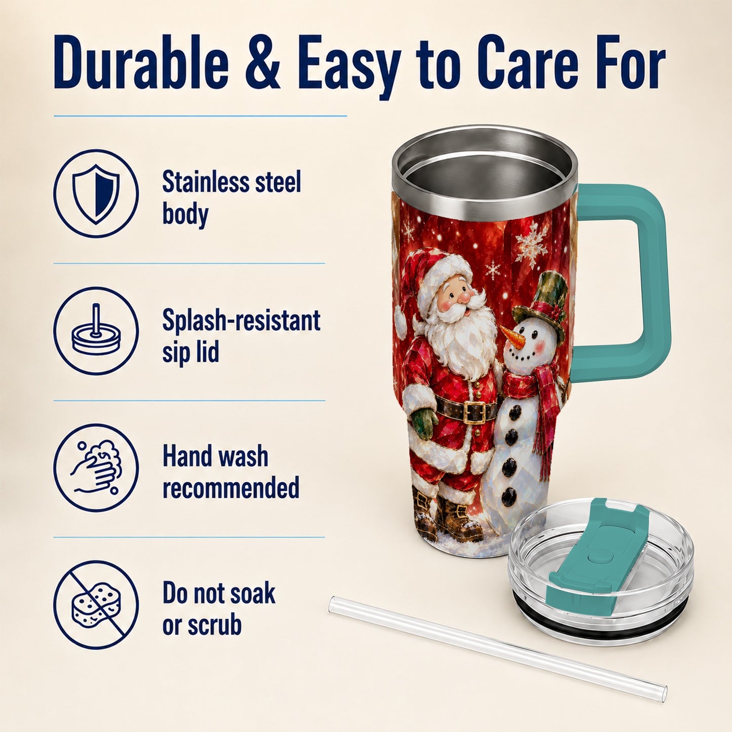 #pl[40oz|Green] Santa and Snowman 40oz Tumbler with Handle, Christmas Holiday Travel Cup