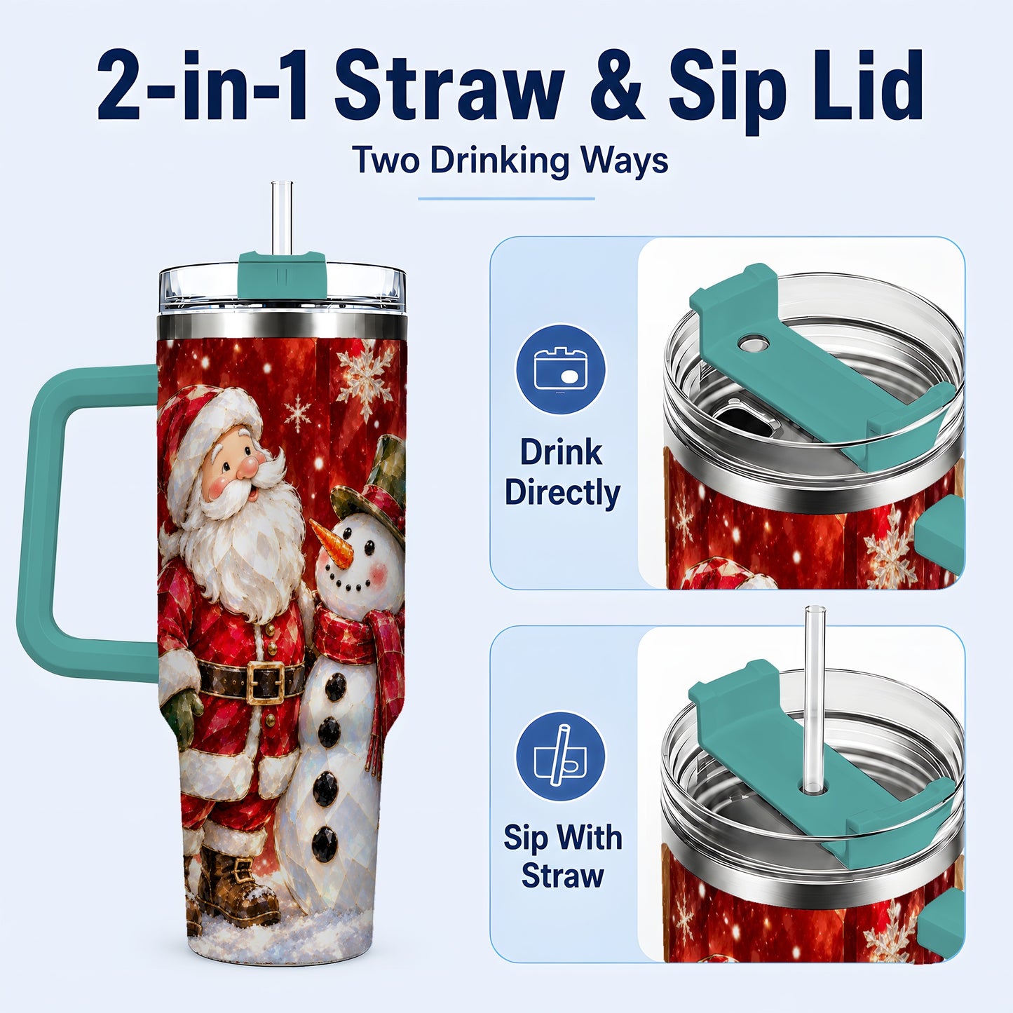 #pl[40oz|Green] Santa and Snowman 40oz Tumbler with Handle, Christmas Holiday Travel Cup