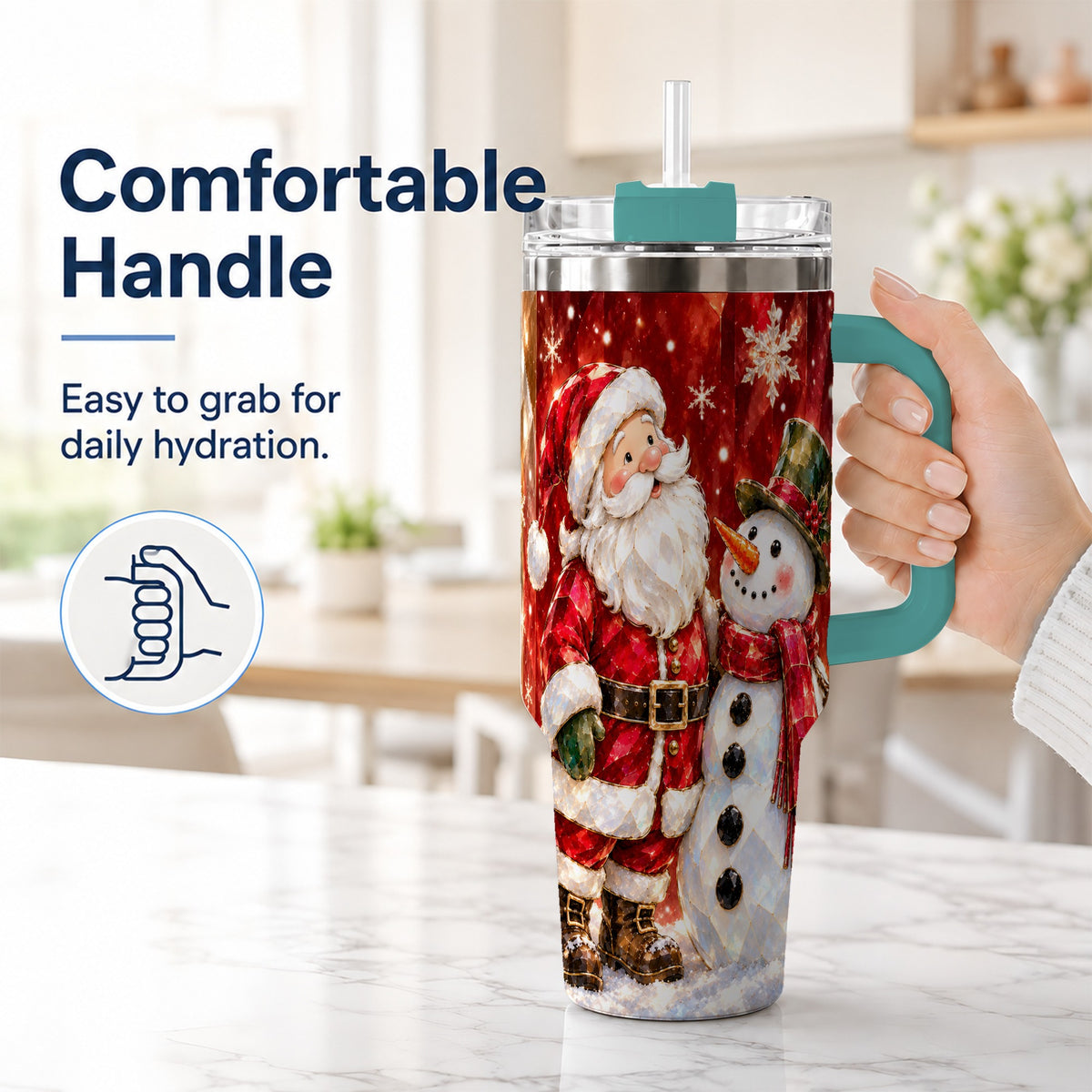 #pl[40oz|Green] Santa and Snowman 40oz Tumbler with Handle, Christmas Holiday Travel Cup