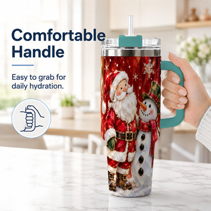 #pl[40oz|Green] Santa and Snowman 40oz Tumbler with Handle, Christmas Holiday Travel Cup