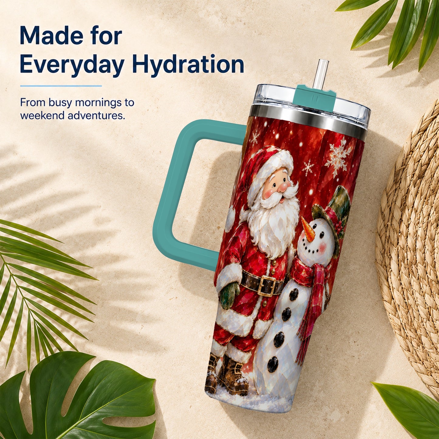 #pl[40oz|Green] Santa and Snowman 40oz Tumbler with Handle, Christmas Holiday Travel Cup