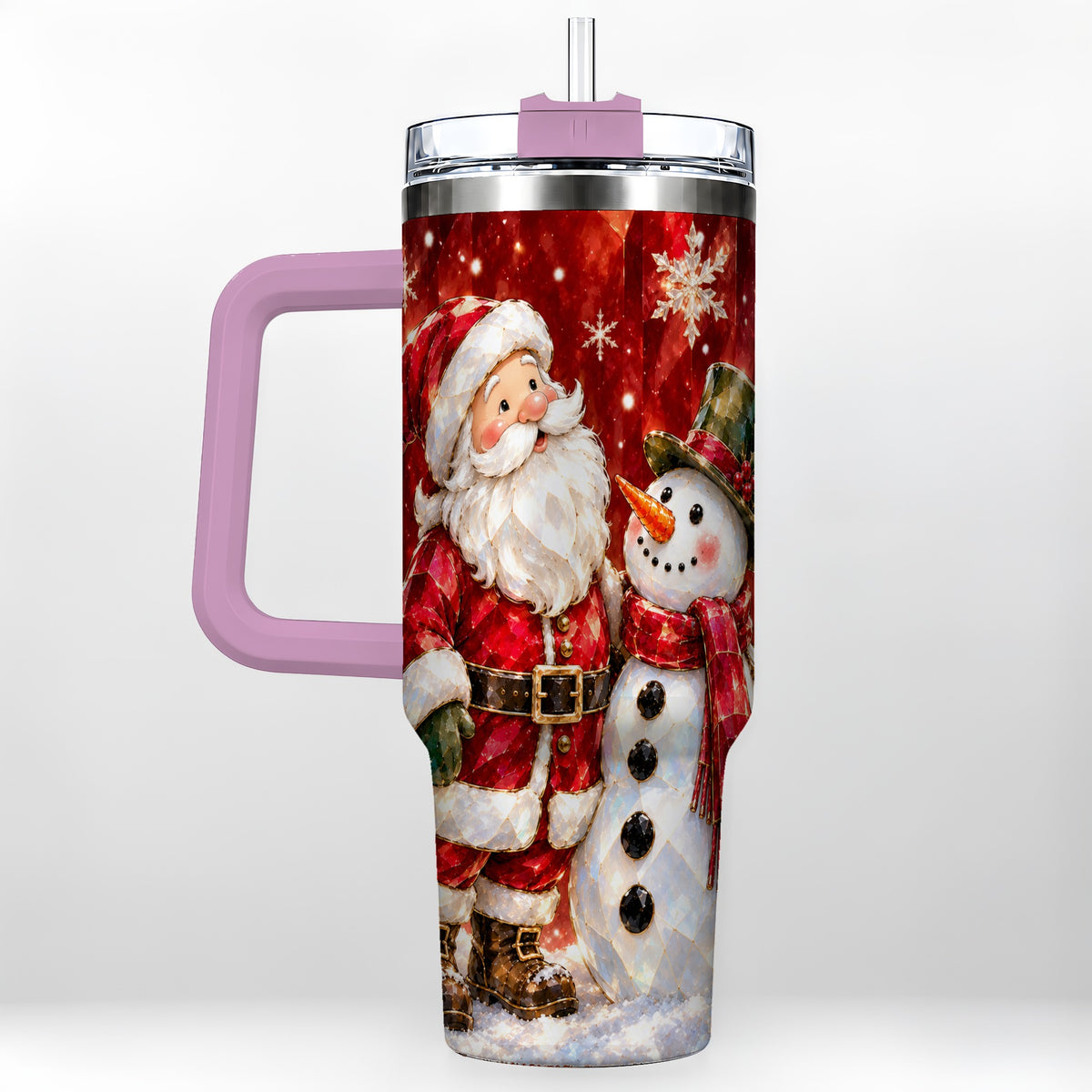 #pl[40oz|Pink] Santa and Snowman 40oz Tumbler with Handle, Christmas Holiday Travel Cup