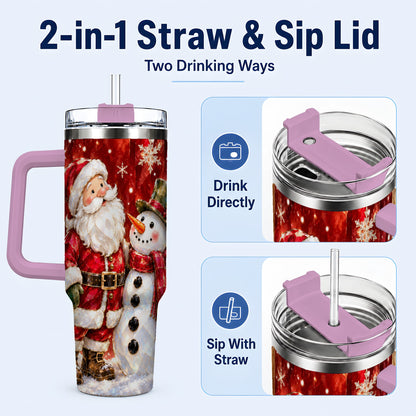#pl[40oz|Pink] Santa and Snowman 40oz Tumbler with Handle, Christmas Holiday Travel Cup