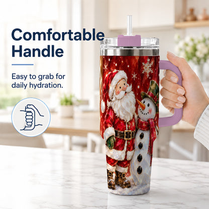 #pl[40oz|Pink] Santa and Snowman 40oz Tumbler with Handle, Christmas Holiday Travel Cup