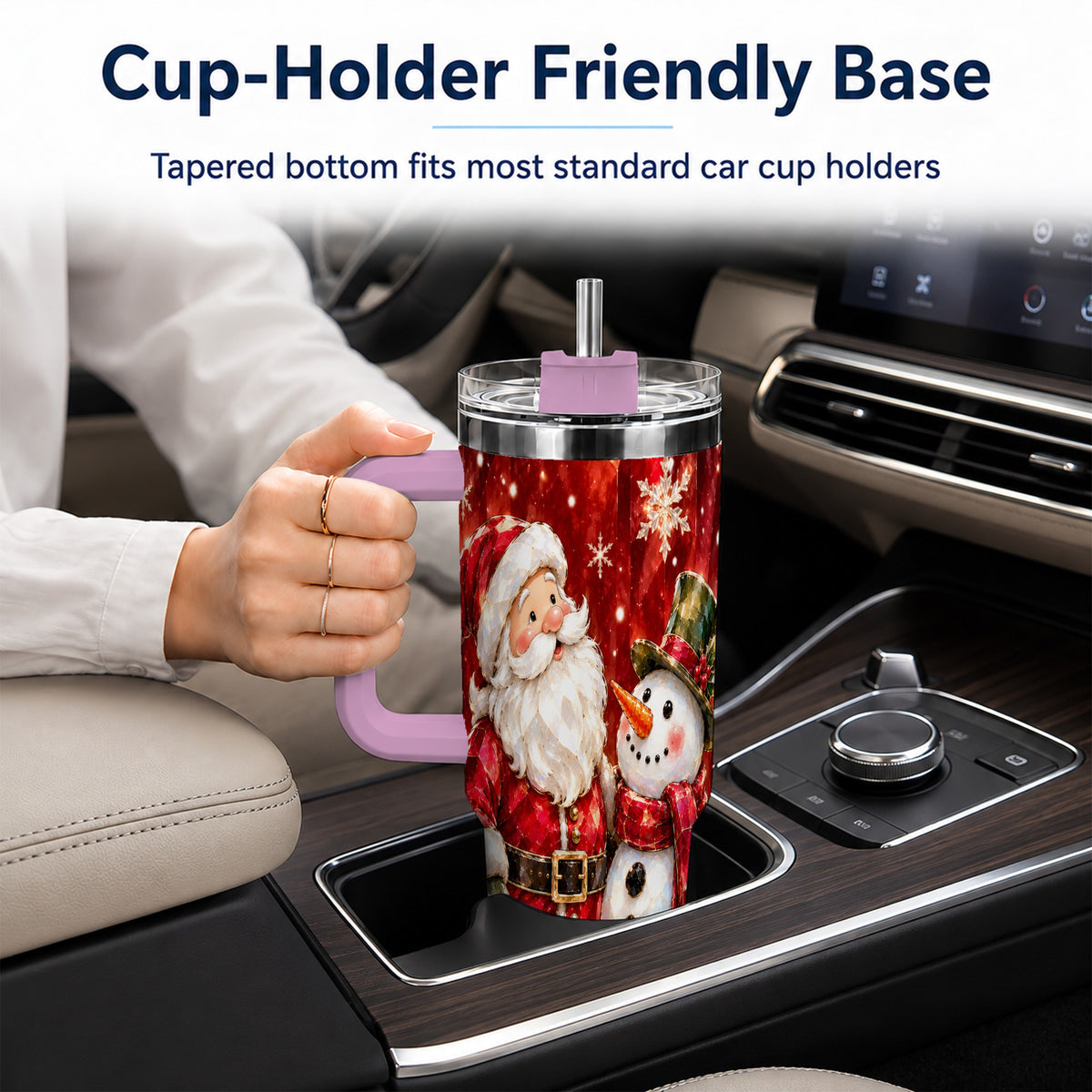 #pl[40oz|Pink] Santa and Snowman 40oz Tumbler with Handle, Christmas Holiday Travel Cup