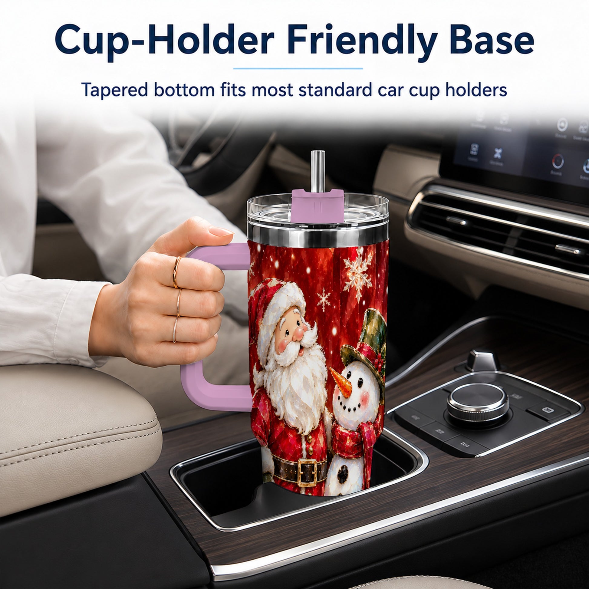 #pl[40oz|Pink] Santa and Snowman 40oz Tumbler with Handle, Christmas Holiday Travel Cup