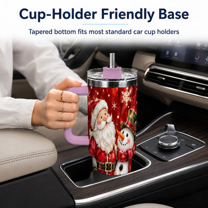 #pl[40oz|Pink] Santa and Snowman 40oz Tumbler with Handle, Christmas Holiday Travel Cup