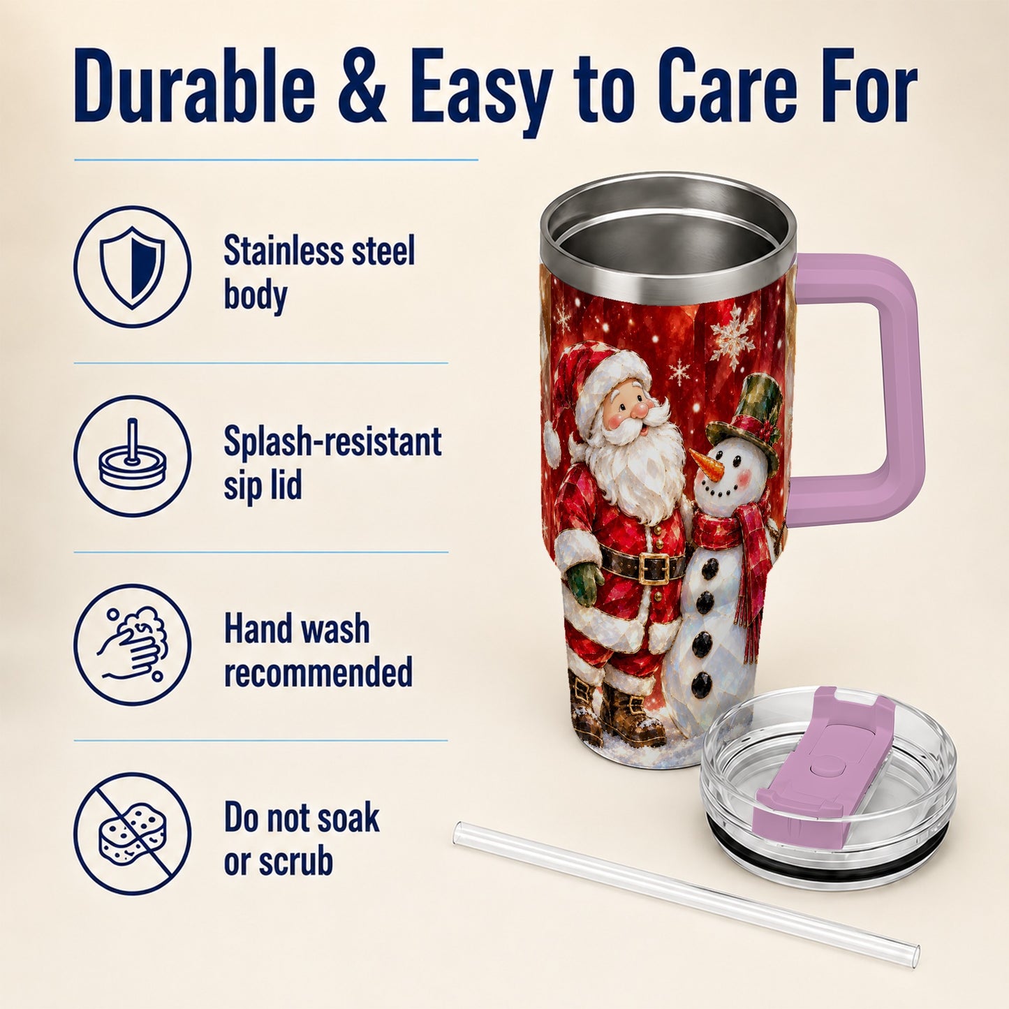#pl[40oz|Pink] Santa and Snowman 40oz Tumbler with Handle, Christmas Holiday Travel Cup