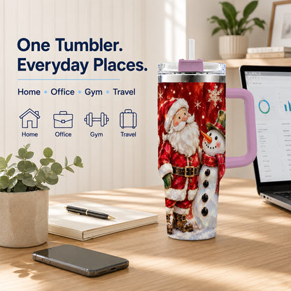 #pl[40oz|Pink] Santa and Snowman 40oz Tumbler with Handle, Christmas Holiday Travel Cup