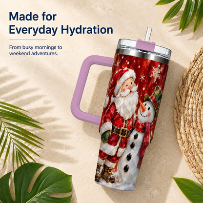 #pl[40oz|Pink] Santa and Snowman 40oz Tumbler with Handle, Christmas Holiday Travel Cup