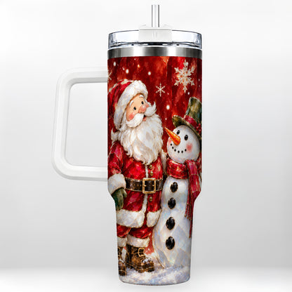 Santa and Snowman 40oz Tumbler with Handle, Christmas Holiday Travel Cup
