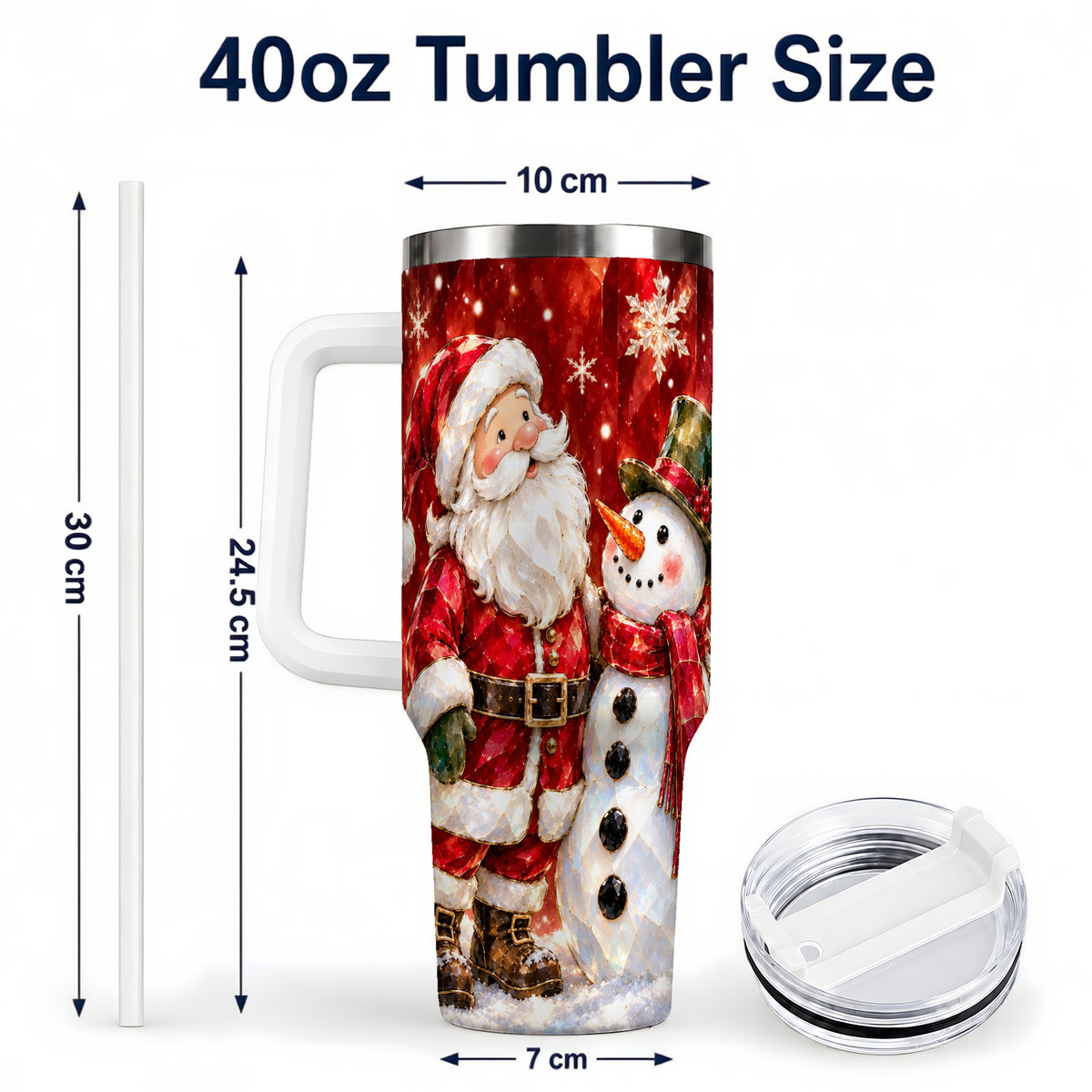 #pl[40oz|White] Santa and Snowman 40oz Tumbler with Handle, Christmas Holiday Travel Cup