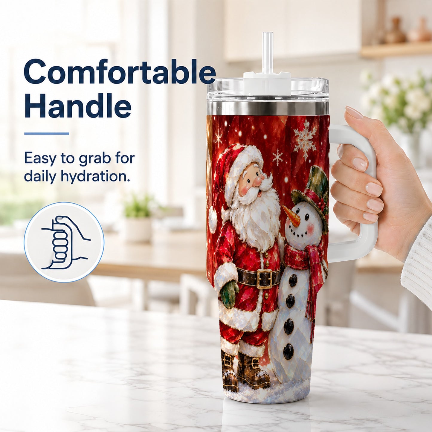 #pl[40oz|White] Santa and Snowman 40oz Tumbler with Handle, Christmas Holiday Travel Cup