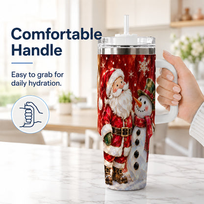 #pl[40oz|White] Santa and Snowman 40oz Tumbler with Handle, Christmas Holiday Travel Cup