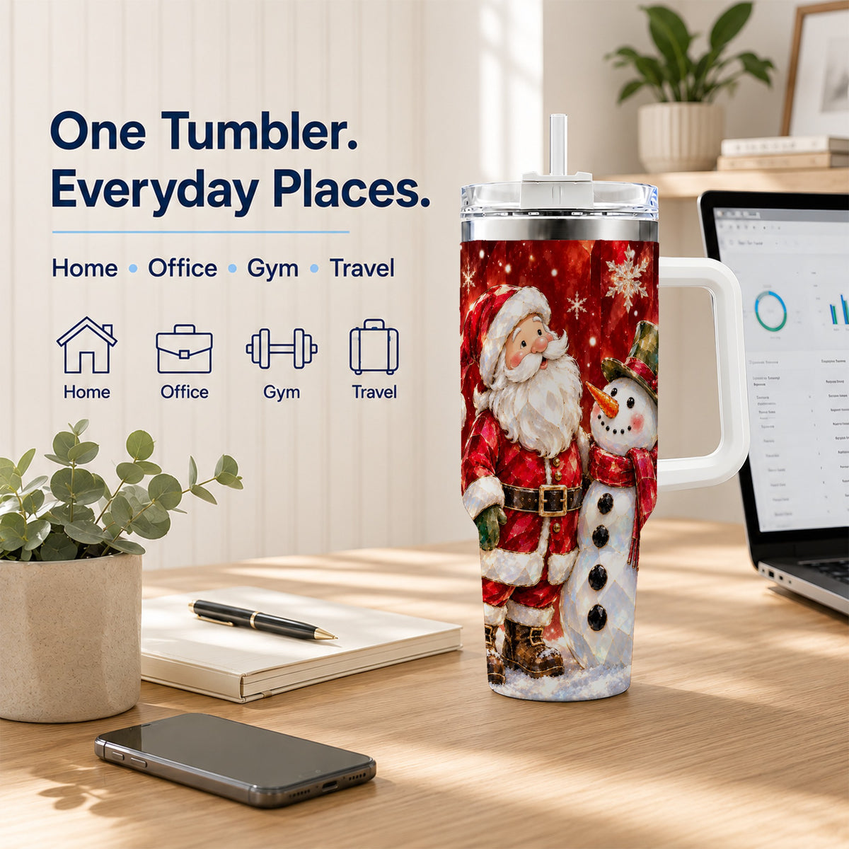 #pl[40oz|White] Santa and Snowman 40oz Tumbler with Handle, Christmas Holiday Travel Cup