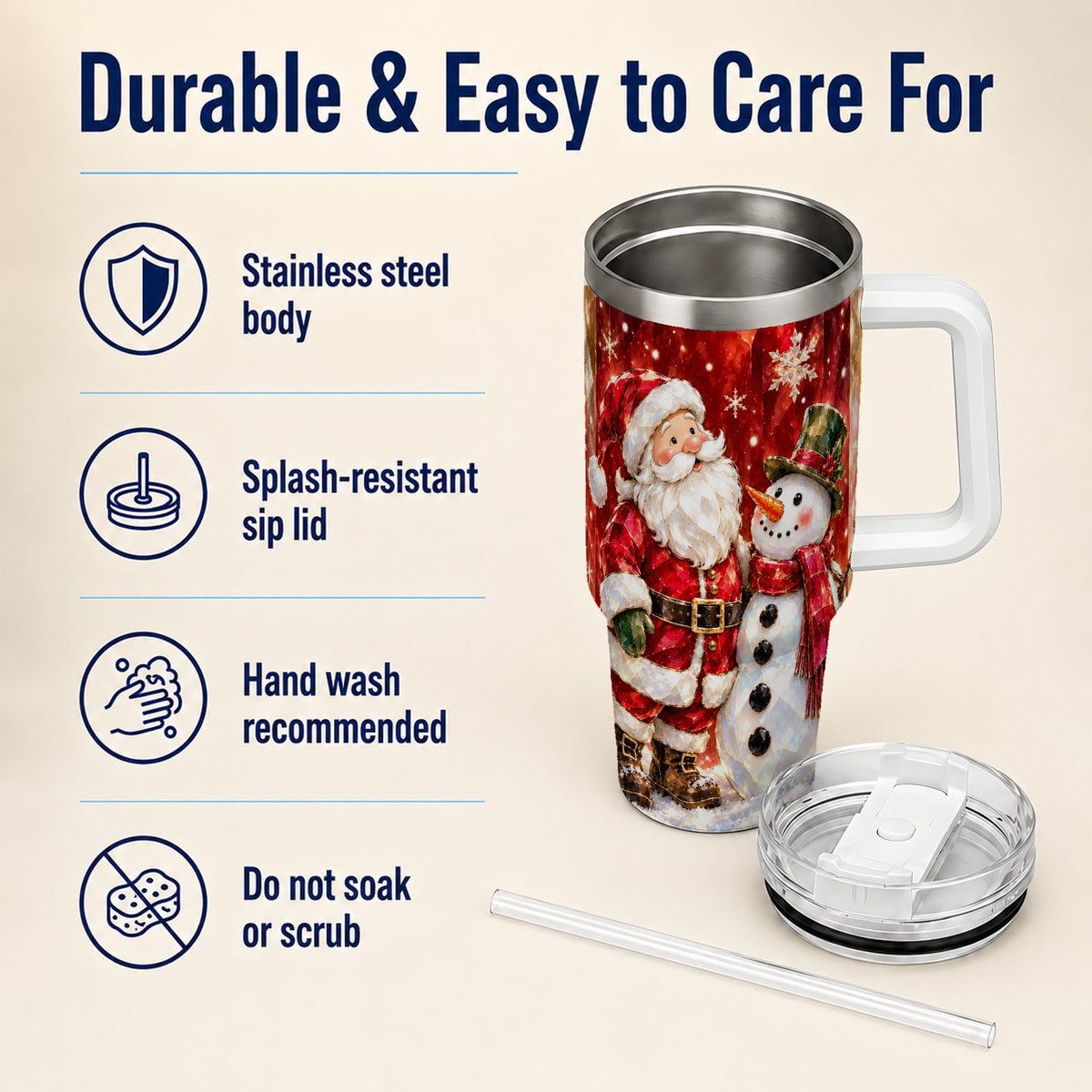 #pl[40oz|White] Santa and Snowman 40oz Tumbler with Handle, Christmas Holiday Travel Cup