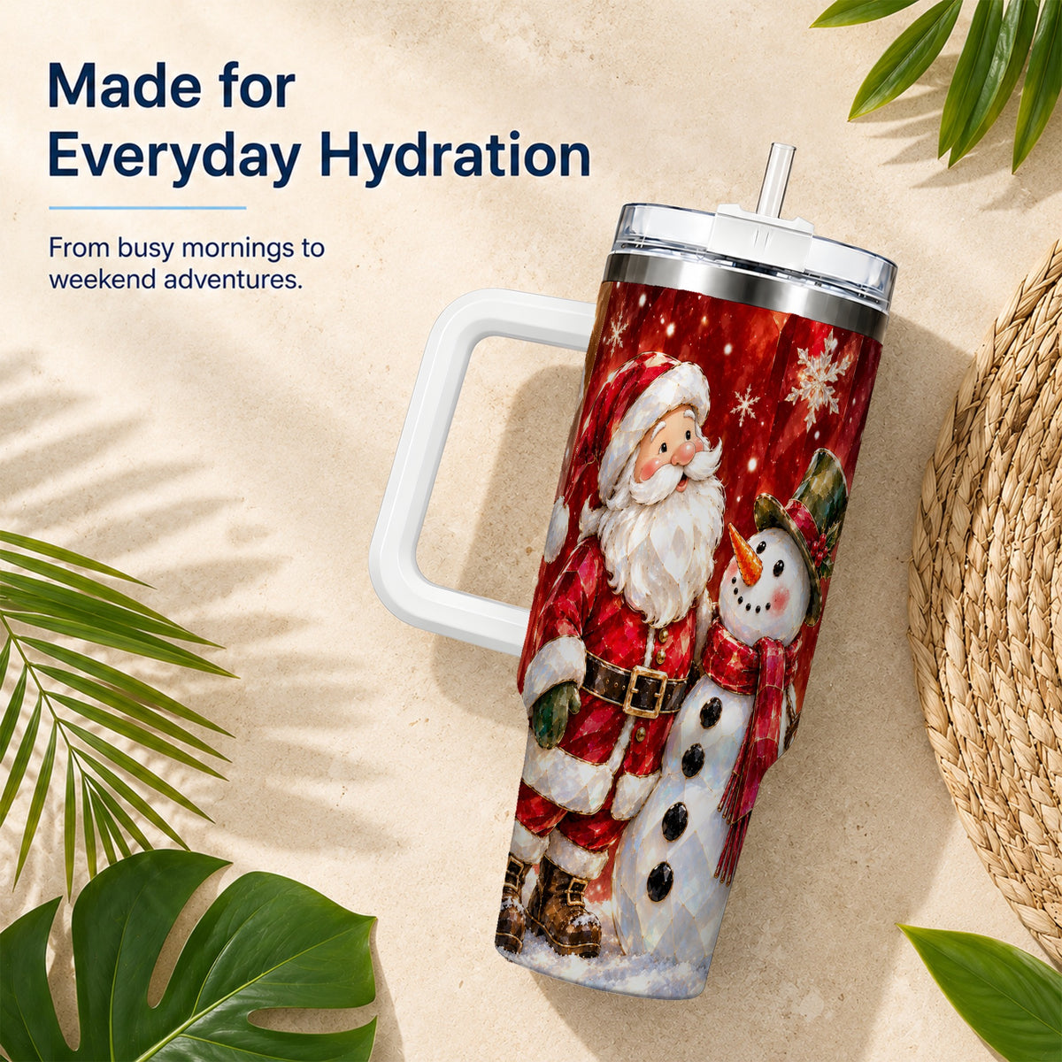 #pl[40oz|White] Santa and Snowman 40oz Tumbler with Handle, Christmas Holiday Travel Cup
