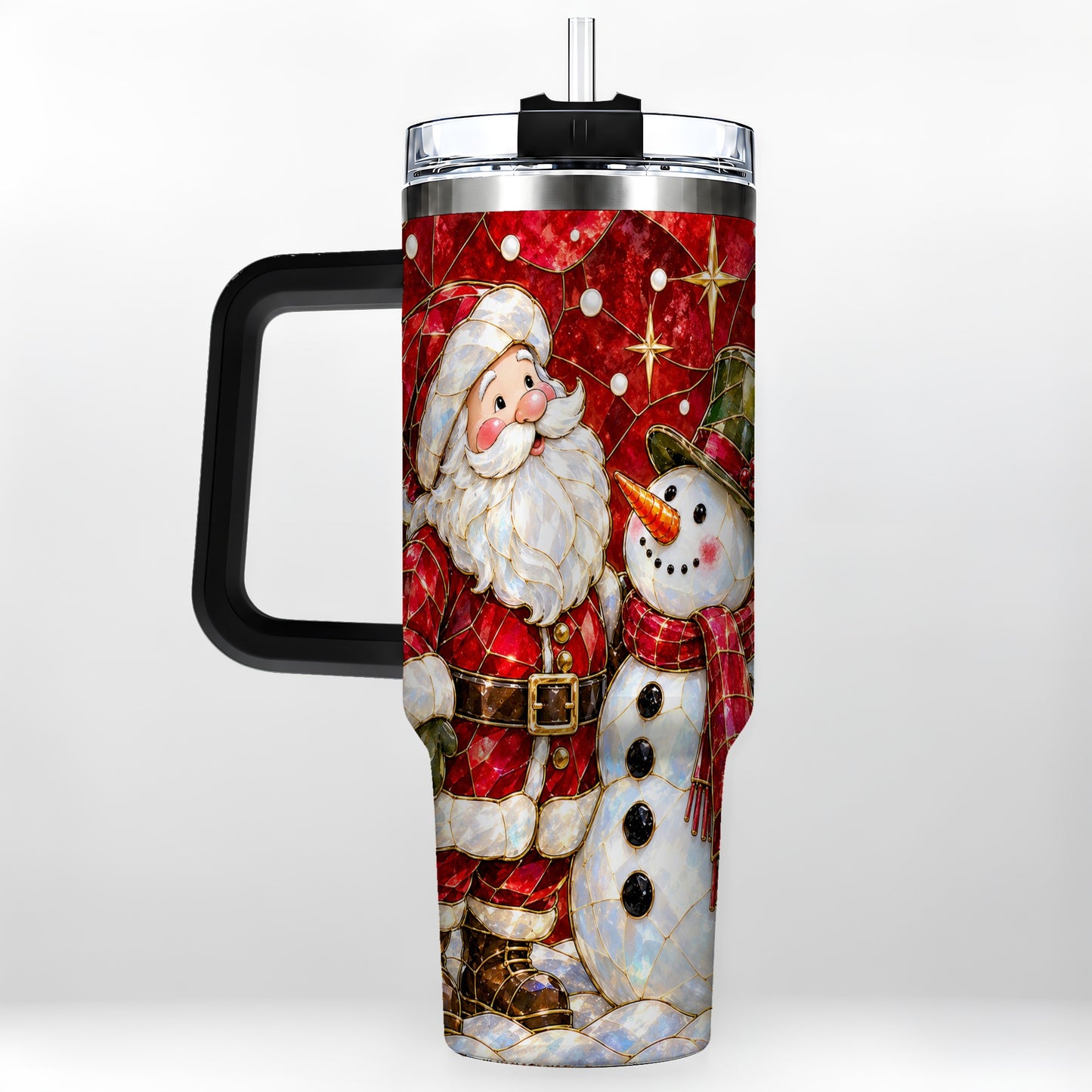 #pl[40oz|Black] Santa and Snowman 40oz Tumbler with Handle, Mosaic Holiday Travel Cup