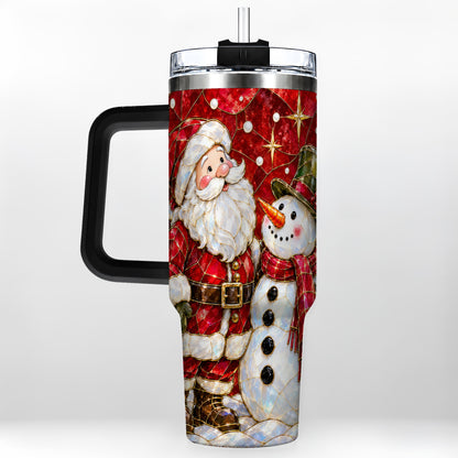 #pl[40oz|Black] Santa and Snowman 40oz Tumbler with Handle, Mosaic Holiday Travel Cup