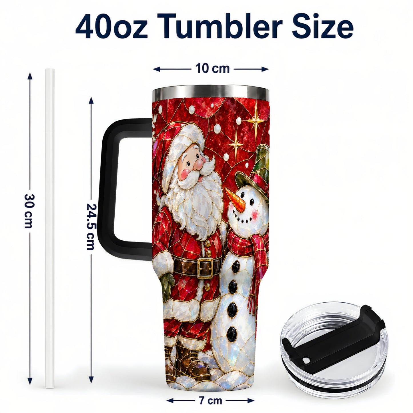 #pl[40oz|Black] Santa and Snowman 40oz Tumbler with Handle, Mosaic Holiday Travel Cup