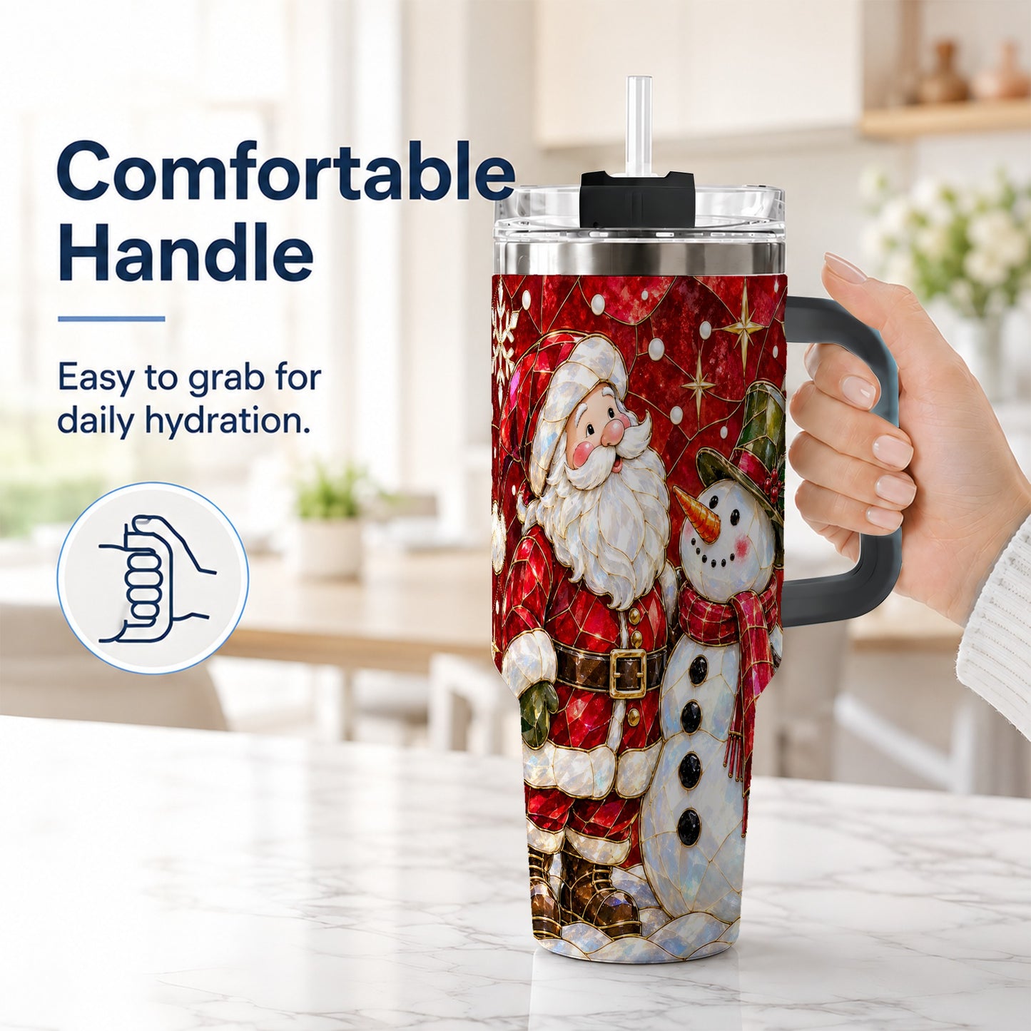 #pl[40oz|Black] Santa and Snowman 40oz Tumbler with Handle, Mosaic Holiday Travel Cup