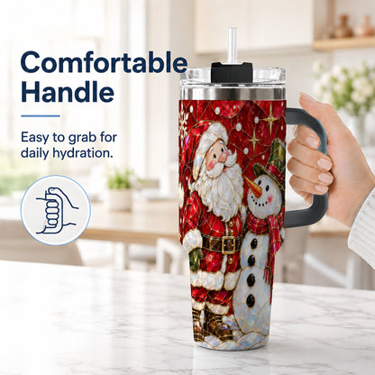 #pl[40oz|Black] Santa and Snowman 40oz Tumbler with Handle, Mosaic Holiday Travel Cup