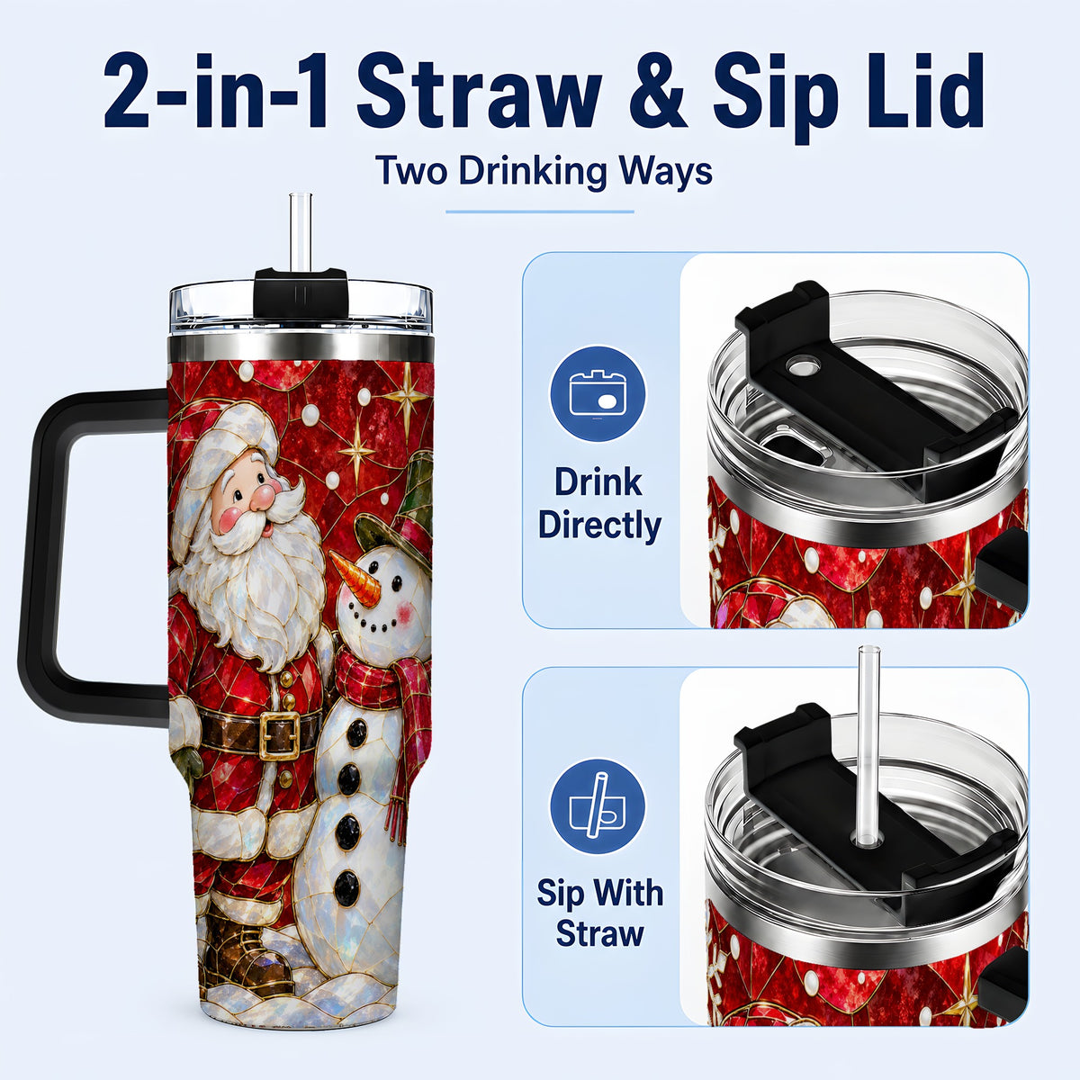 #pl[40oz|Black] Santa and Snowman 40oz Tumbler with Handle, Mosaic Holiday Travel Cup