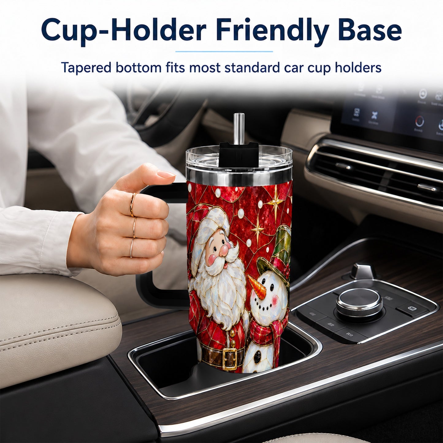 #pl[40oz|Black] Santa and Snowman 40oz Tumbler with Handle, Mosaic Holiday Travel Cup