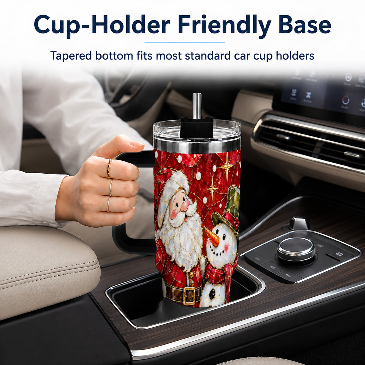 #pl[40oz|Black] Santa and Snowman 40oz Tumbler with Handle, Mosaic Holiday Travel Cup