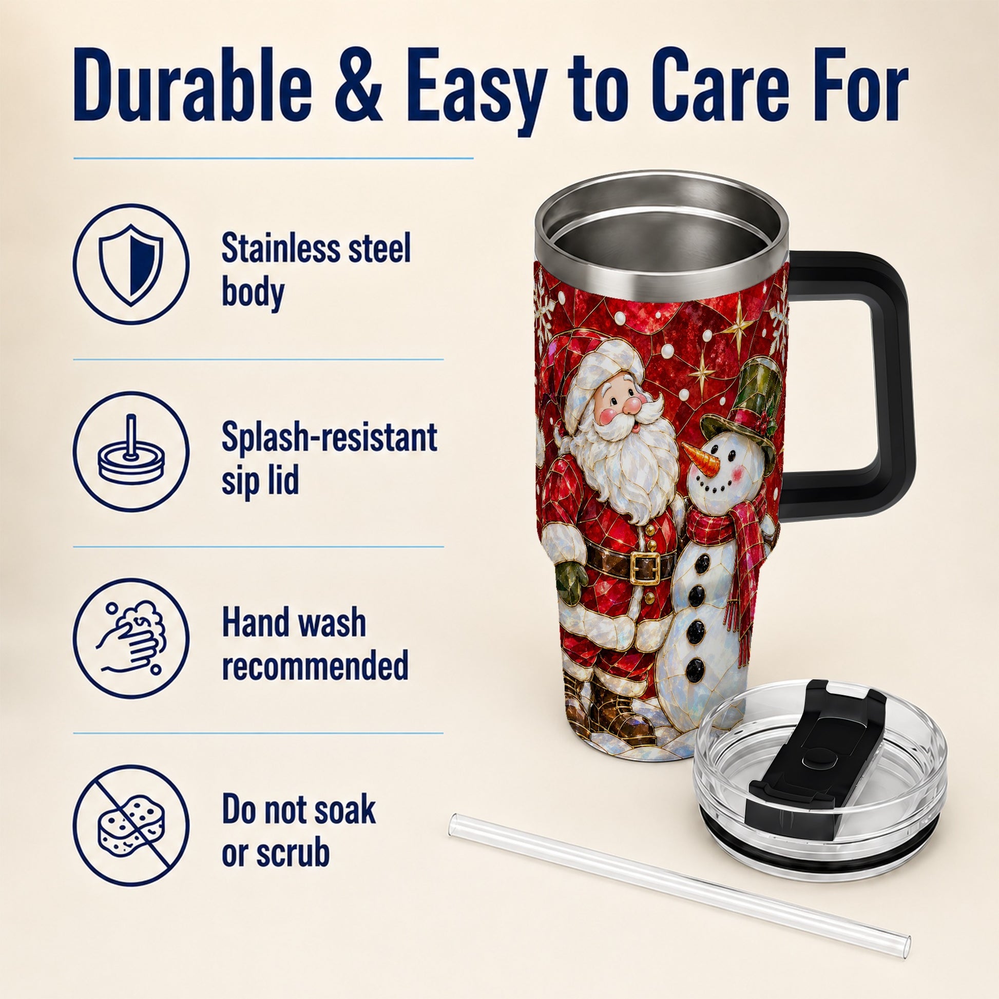 #pl[40oz|Black] Santa and Snowman 40oz Tumbler with Handle, Mosaic Holiday Travel Cup