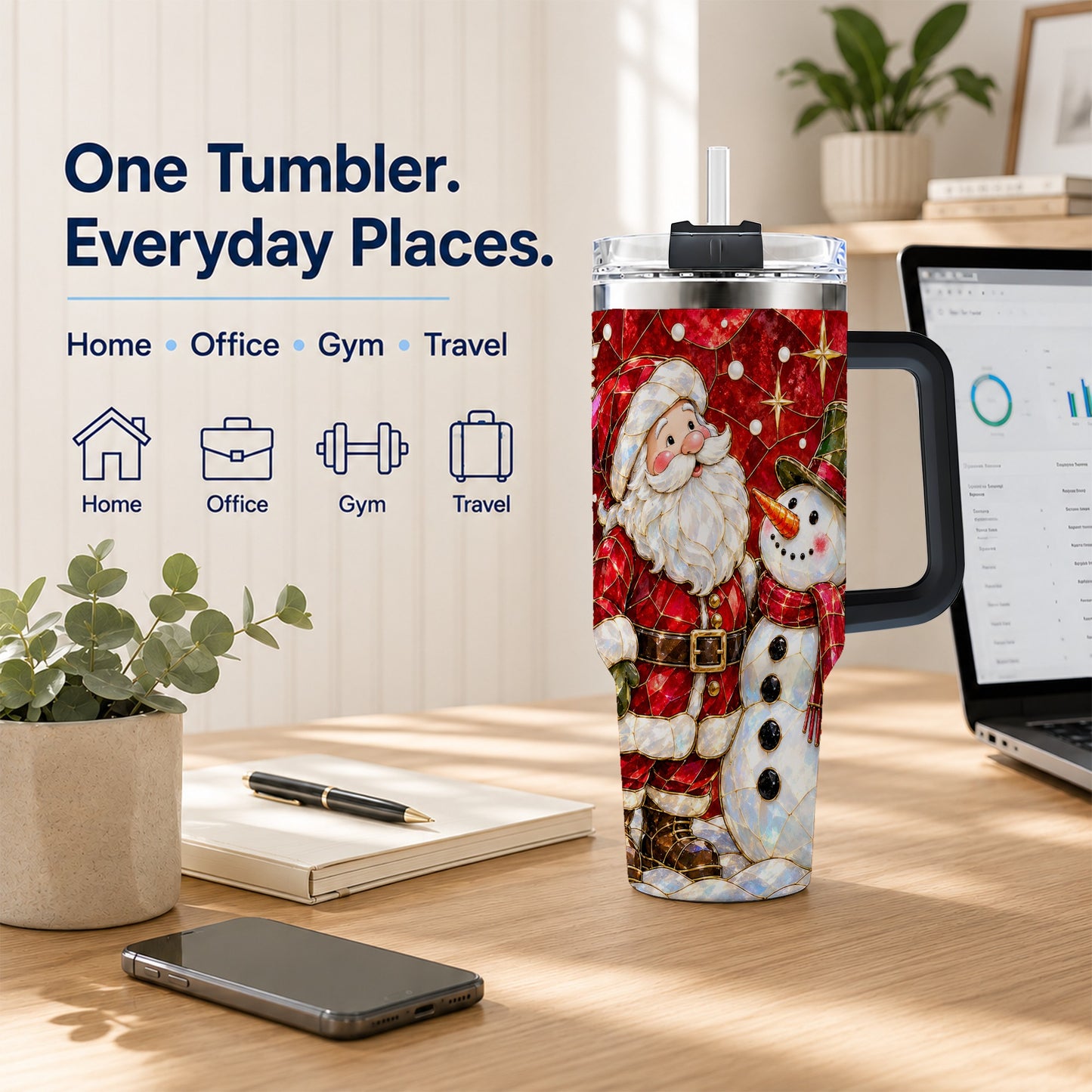 #pl[40oz|Black] Santa and Snowman 40oz Tumbler with Handle, Mosaic Holiday Travel Cup