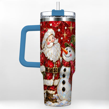 #pl[40oz|Blue] Santa and Snowman 40oz Tumbler with Handle, Mosaic Holiday Travel Cup