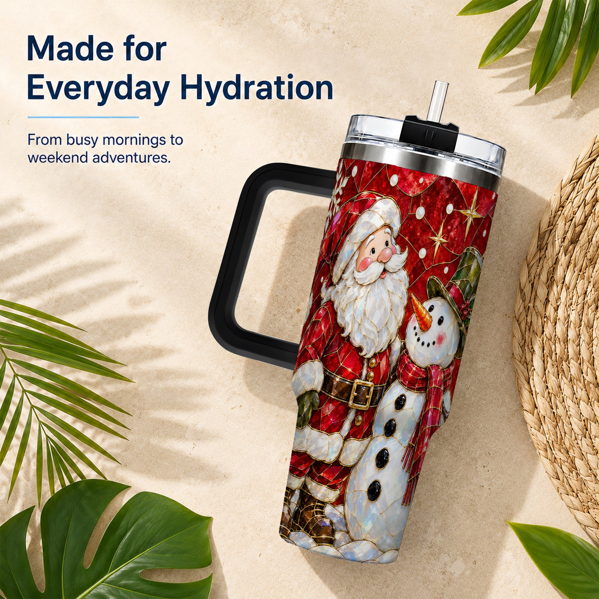 #pl[40oz|Black] Santa and Snowman 40oz Tumbler with Handle, Mosaic Holiday Travel Cup