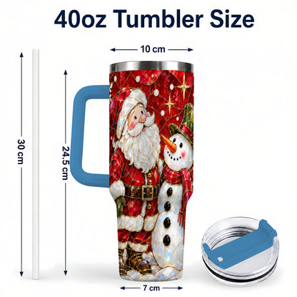 #pl[40oz|Blue] Santa and Snowman 40oz Tumbler with Handle, Mosaic Holiday Travel Cup