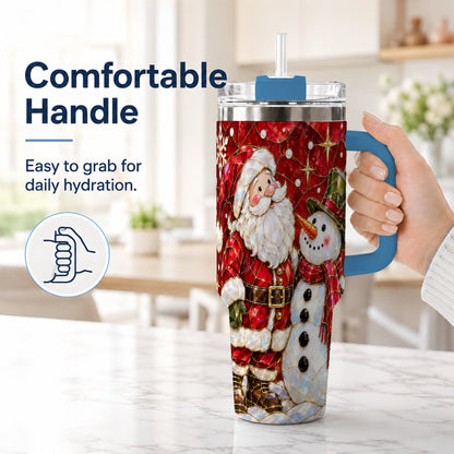 #pl[40oz|Blue] Santa and Snowman 40oz Tumbler with Handle, Mosaic Holiday Travel Cup