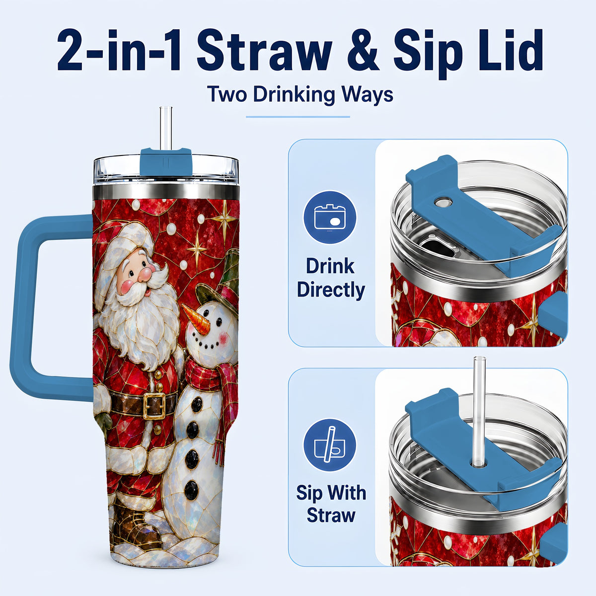 #pl[40oz|Blue] Santa and Snowman 40oz Tumbler with Handle, Mosaic Holiday Travel Cup