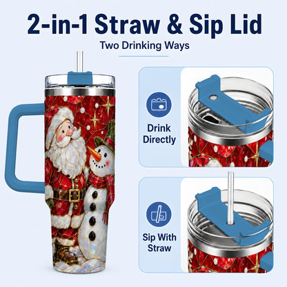 #pl[40oz|Blue] Santa and Snowman 40oz Tumbler with Handle, Mosaic Holiday Travel Cup
