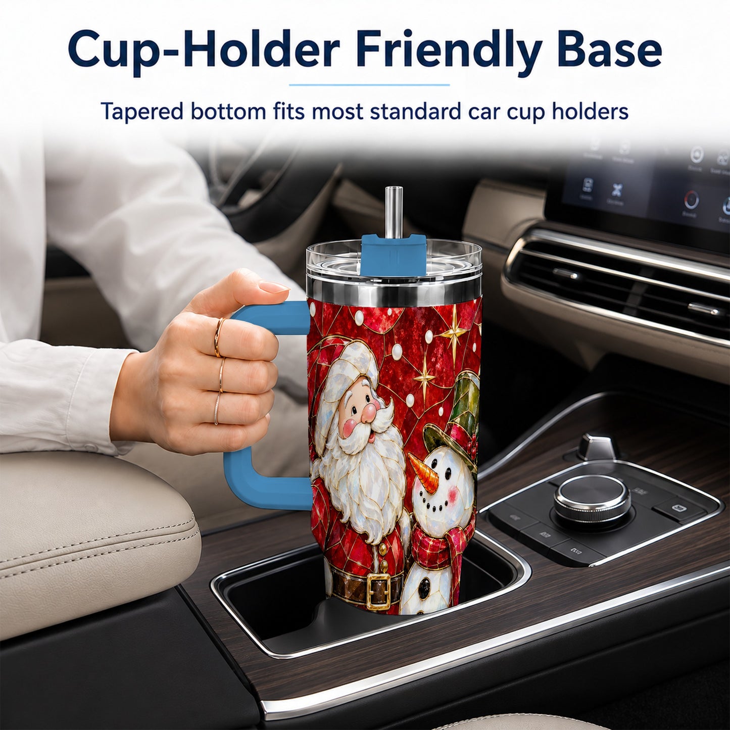 #pl[40oz|Blue] Santa and Snowman 40oz Tumbler with Handle, Mosaic Holiday Travel Cup