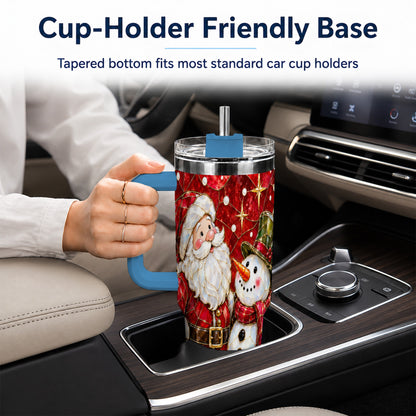 #pl[40oz|Blue] Santa and Snowman 40oz Tumbler with Handle, Mosaic Holiday Travel Cup